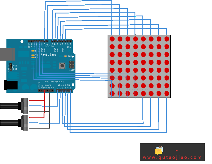 Arduino内置教程-显示-8x8LED矩阵行列扫描