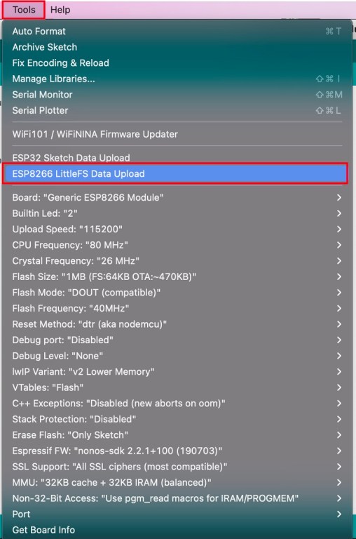 在Arduino IDE中安装ESP8266 NodeMCU LittleFS文件系统上传器